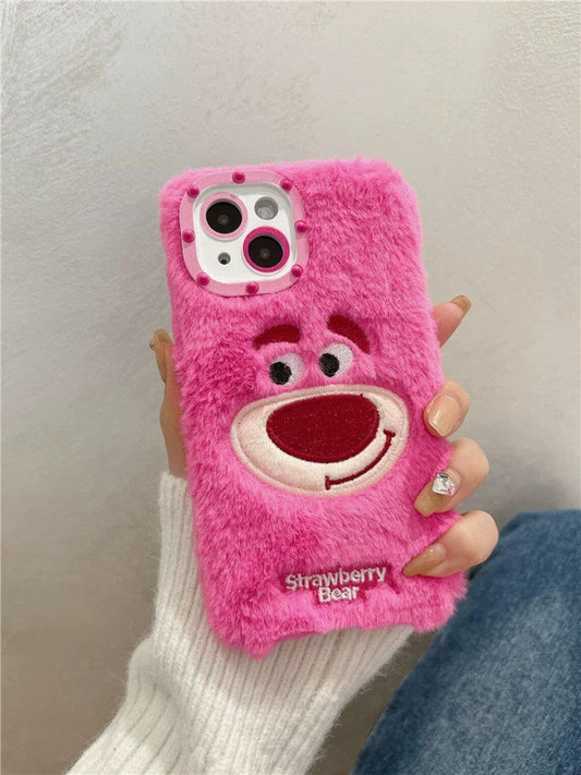 Plush Fluffy with Embroidery Strawberry Bear iPhone Case 11 12 13 14 15 16 Pro Promax Plus mini KawaiiGiftLand