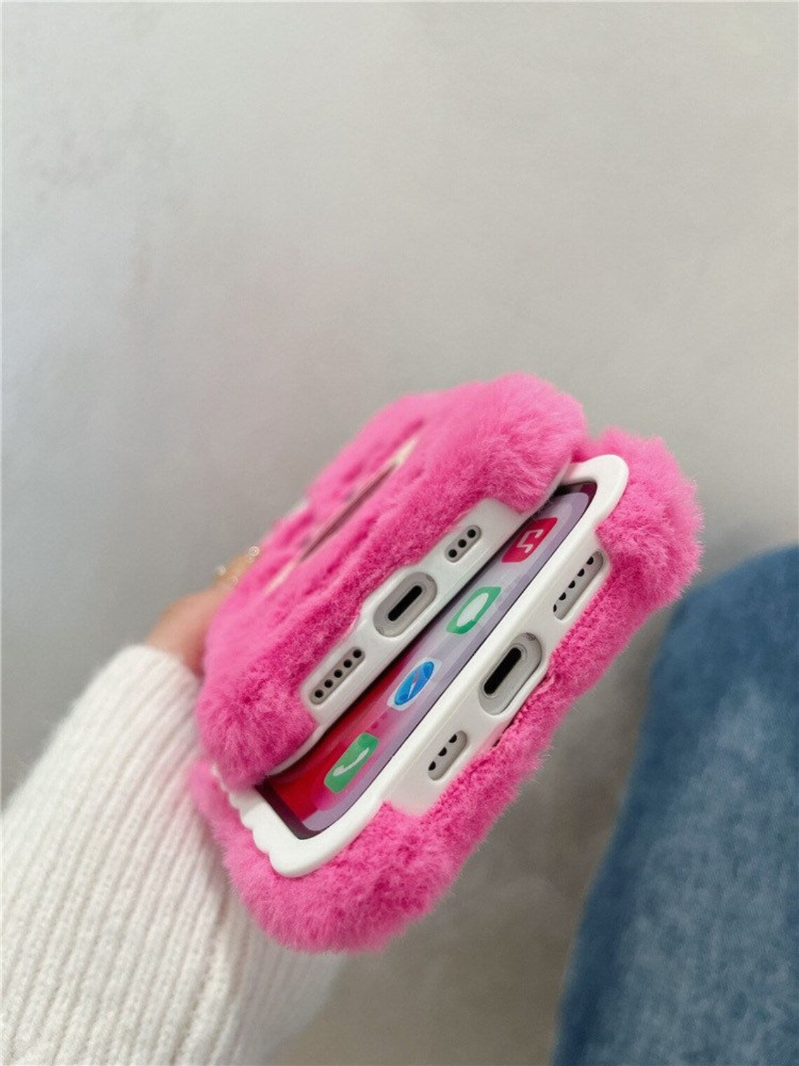 Plush Fluffy with Embroidery Strawberry Bear iPhone Case 11 12 13 14 15 16 Pro Promax Plus mini KawaiiGiftLand