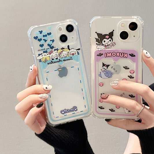 Japanese Cartoon Devil Black Evil & Blue Hearts White Kitty Yellow Dog Card Photo Holder iPhone Case 7 8 PLUS X 11 12 13 14 15 16 Pro Promax KawaiiGiftLand
