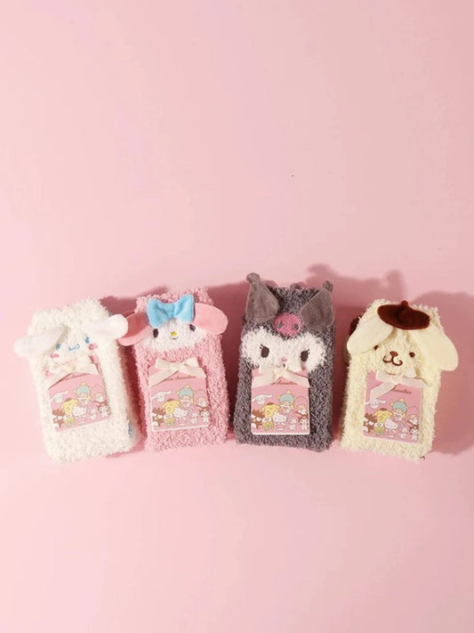 Sanrio My Melody Kuromi Cinnamoroll Pompompurin Embroidery Fluffy Soft Warm Home Sock Winter Accessories KawaiiGiftLand