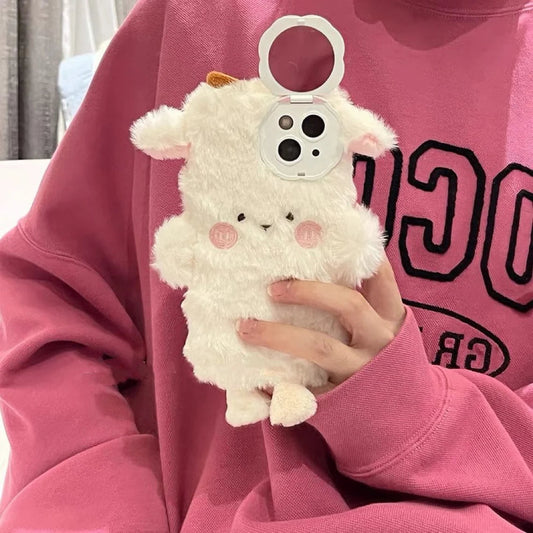 Korea Style Plush White Sheep Fluffy iPhone Case 11 12 13 14 15 Pro Promax KawaiiGiftLand