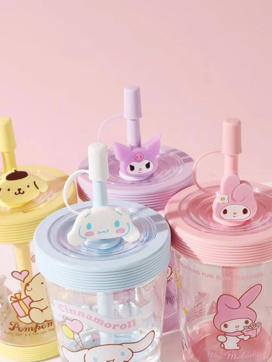 Sanrio Big Head My Melody Kuromi Cinnamoroll Pompompurin Plastic Water Bottle with Straw for Cool Drink Lovely Cup KawaiiGiftLand