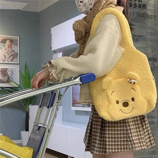 Disney Winnie The Pooh Big Head Yellow Fluffy Tote Shoulder Bag KawaiiGiftLand