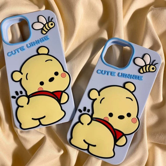 Big Cute Honey Bear Winnie with Bee Blue Soft iPhone Case 11 12 13 14 15 Pro Promax KawaiiGiftLand