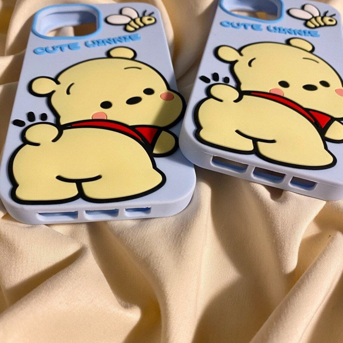 Big Cute Honey Bear Winnie with Bee Blue Soft iPhone Case 11 12 13 14 15 Pro Promax KawaiiGiftLand