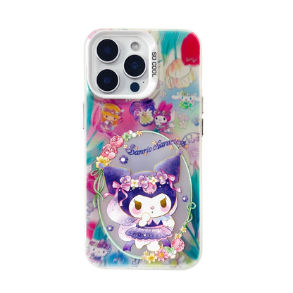 Japanese Cartoon Sanrio Spring Flower Fairy | Hello Kitty My Melody Kuromi Cinnamoroll Pompompurin Hangyodon Laser Silver - iPhone Case 11 12 13 14 15 16 16e Pro Promax - KawaiiGiftLand