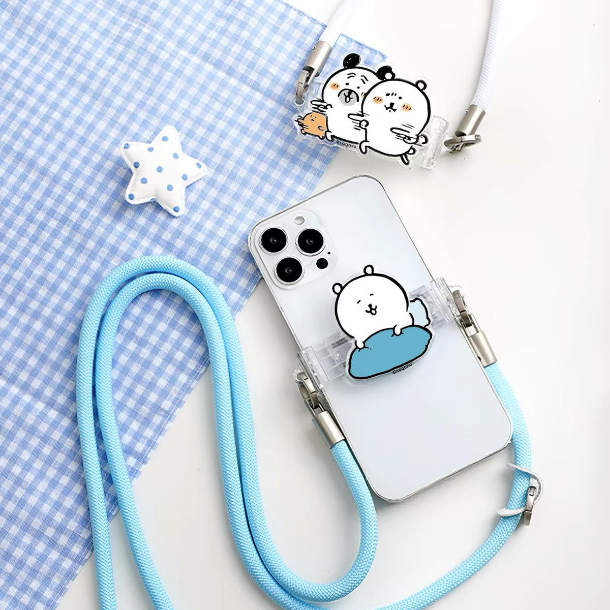 Japanese Cartoon Phone Back Clip with Phone Lanyard | Chiikawa Pink & Mint Green - for All Smart Phones (副本 2)