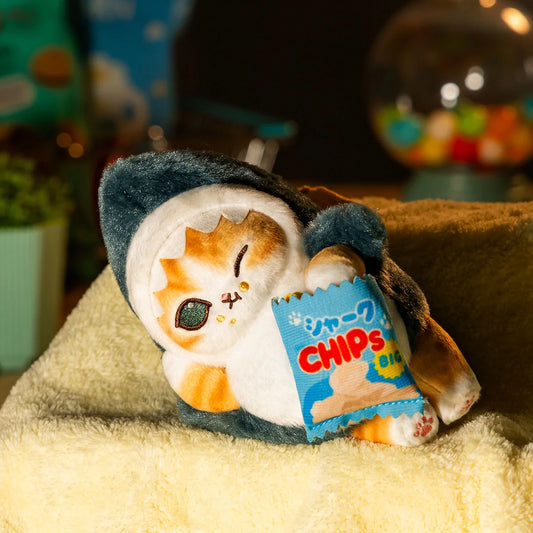 Japan Mofusand | Mofusand Cat in Shark Costume Eating Chips Mascot Plush Doll Keychain - Kawaii items Room Decoration Doll