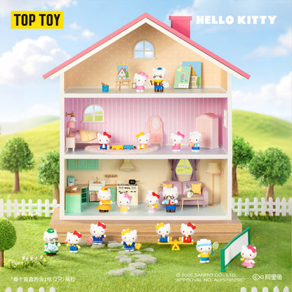 TOP TOY Hello Kitty Little Family Series blind box figures displayed inside a dollhouse