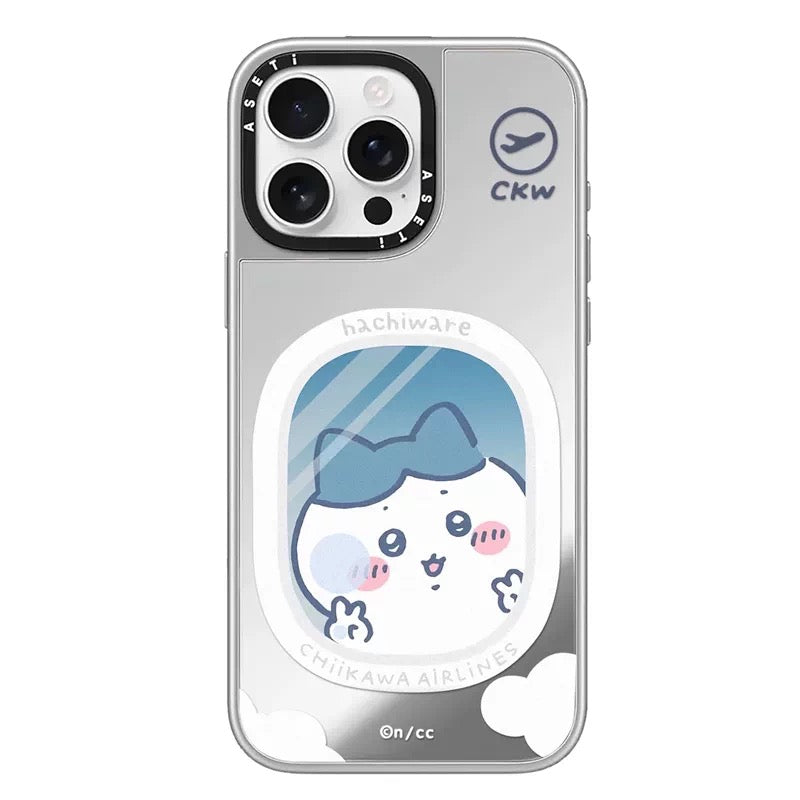 Japanese Cartoon ChiiKawa Clear with Mirror Silver Frame Phone Case | ChiiKawa Hachiware Usagi Aeroplane Window Wear Sunglass and Eating Ice Cream Blue - iPhone Case 12 13 14 15 16 17 Pro Promax
