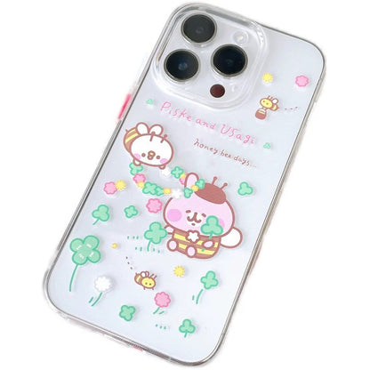 Japanese Cartoon Kanahei | Honey Bee Days Pink Rabbit and White Chicken - iPhone Case 12 13 14 15 Pro Promax