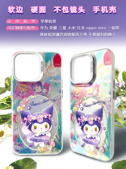 Japanese Cartoon Sanrio Spring Flower Fairy | Hello Kitty My Melody Kuromi Cinnamoroll Pompompurin Hangyodon Laser Silver - iPhone Case 11 12 13 14 15 16 16e Pro Promax - KawaiiGiftLand