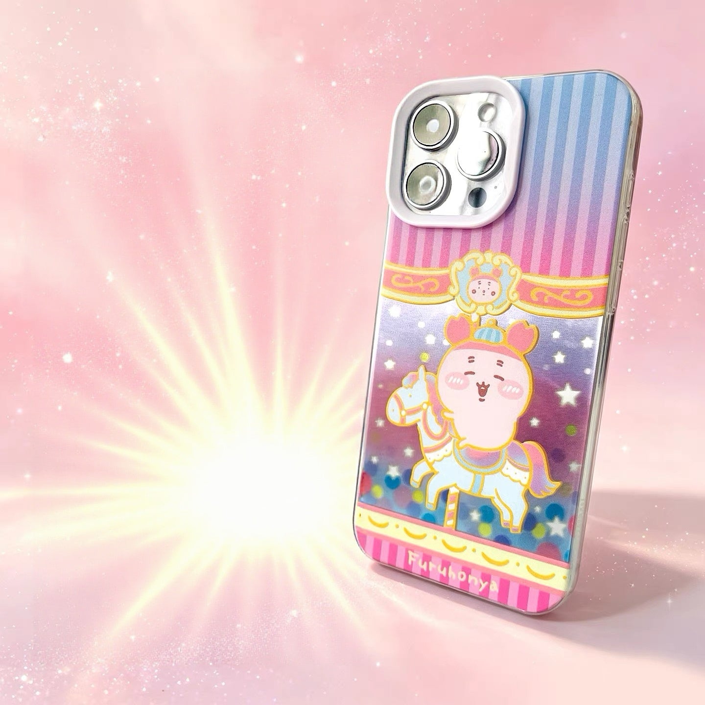 Japanese Cartoon ChiiKawa Go Round Laser Case | Merry Go Round with Momonga Kurimanju Rakko Shisa Crab - iPhone Case 11 12 13 14 15 16 16e 17 17e Pro Promax