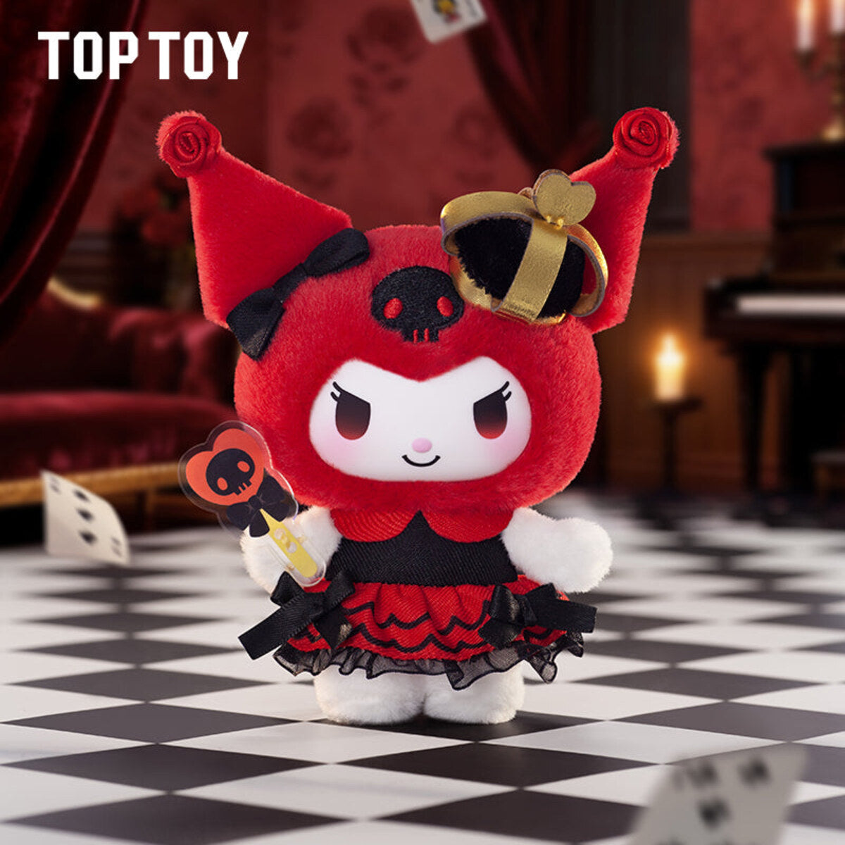 Kuromi Poker Kingdom QUEEN plush pendant in red with a gold crown, ruffled skirt and red heart wand
