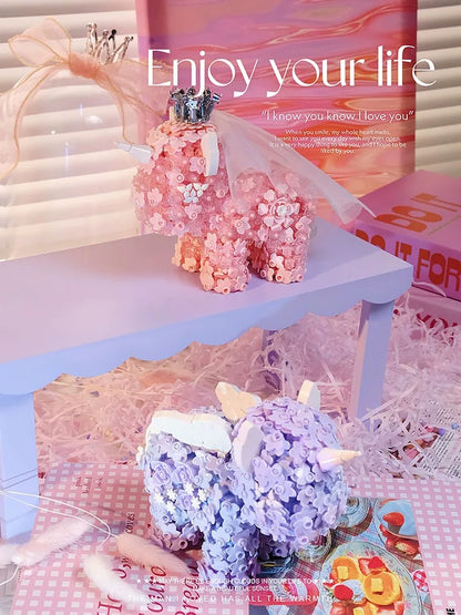 Mini Block Building Flower Unicorn | Pink Purple - with LED Lights Valentine Wedding Gift DIY Handmade Gift
