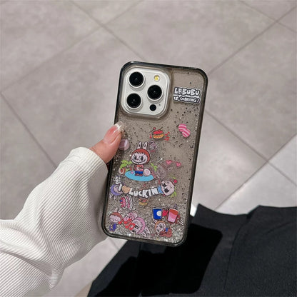 Cute Cartoon Labubu Zimomo QuickSand Glitter wth Black Case - iPhone Case 11 12 13 14 15 16 Pro Plus Promax