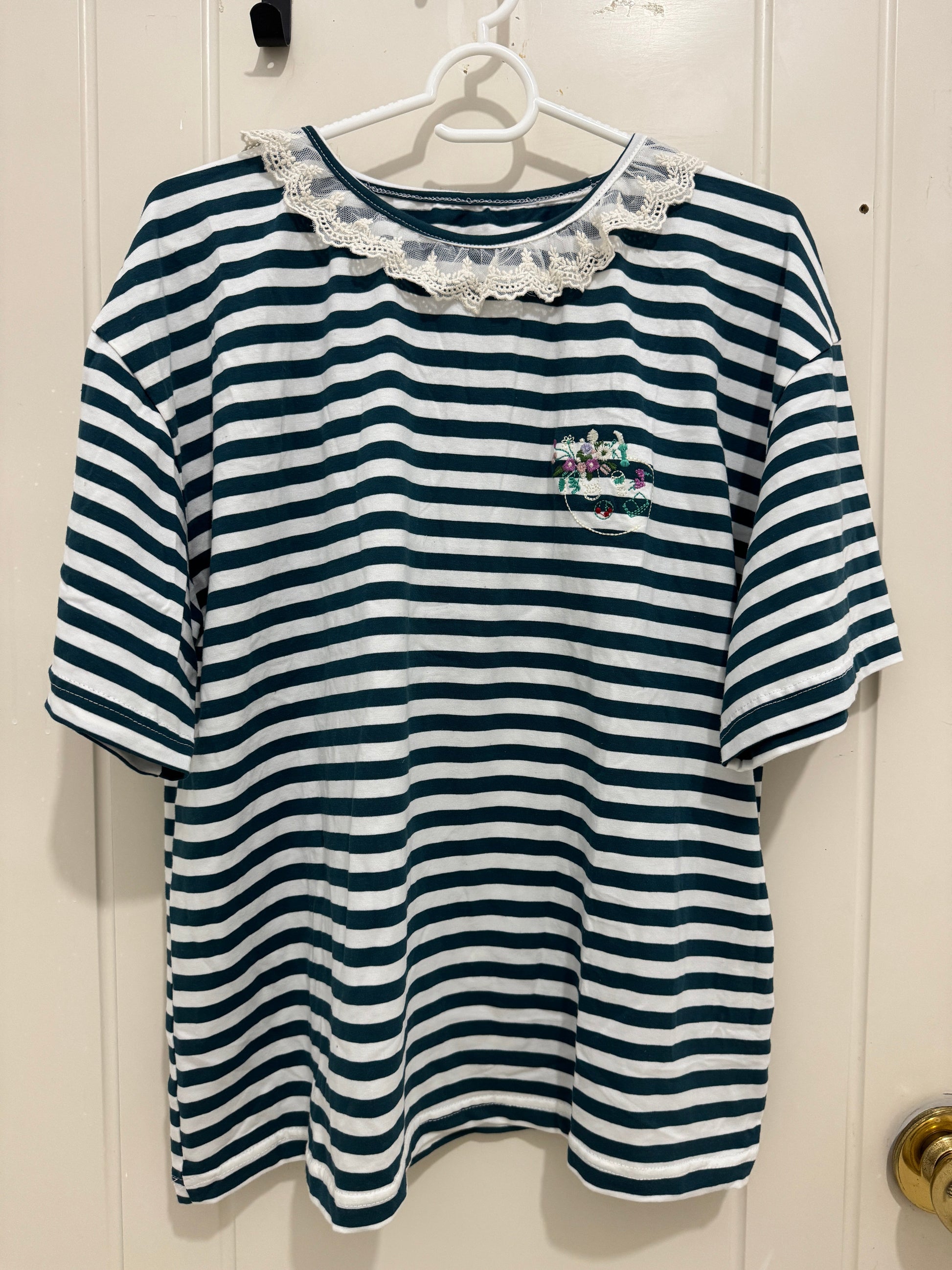 Japanese Fashion Cute Style Shirt Series | Mori Blue White Stripe wtih Plants Shirt - Kawaii Fashion Items