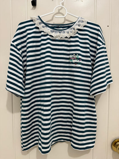 Japanese Fashion Cute Style Shirt Series | Mori Blue White Stripe wtih Plants Shirt - Kawaii Fashion Items