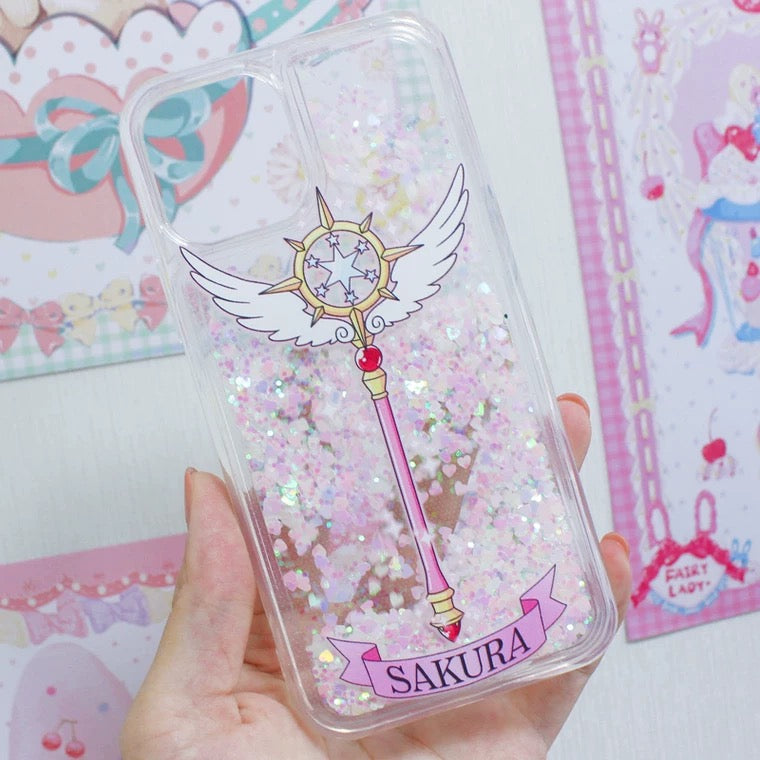 Japanese Cartoon CardCaptorSakura Magic Wand with Wings - Silver Pink Heart Glitter QuickSand iPhone Case 6 7 8 PLUS SE2 XS XR X 11 12 13 14 15 Pro Promax 12mini 13mini