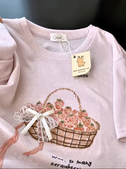 Korean Fashion Cute Fruits Style T-Shirt Series | Bling Strawberry Basket - Kawaii Fashion Items
