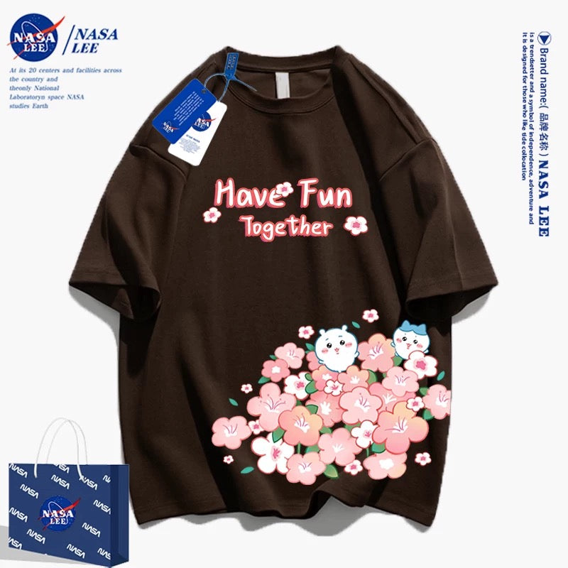 Japanese Cartoon ChiiKawa Casual Style T-Shirt Series | Chiikawa Hachiware Have Fun with Flower 2 - Kawaii Fashion Items