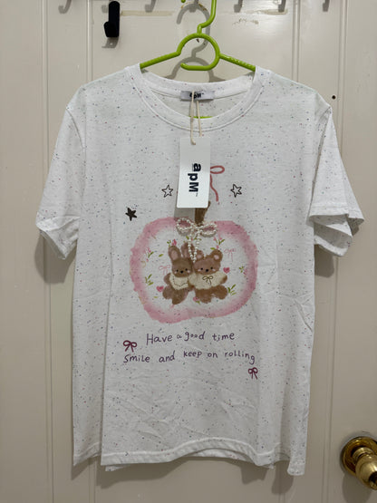 Korean Fashion Cute Animals Style T-Shirt Series | Pearl Ribbon Apple with Teddy Bear & Rabbit - Kawaii Fashion Items 