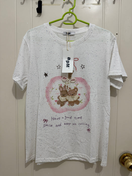 Korean Fashion Cute Animals Style T-Shirt Series | Pearl Ribbon Apple with Teddy Bear & Rabbit - Kawaii Fashion Items 