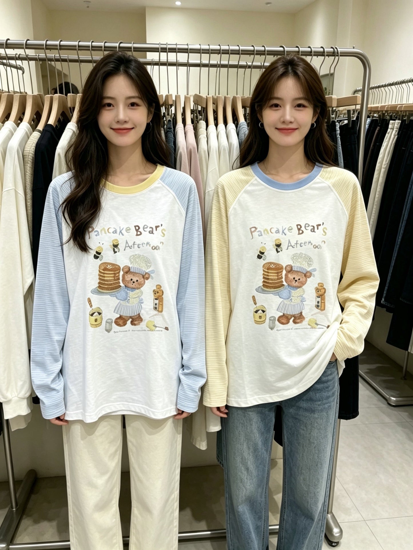 Korean Fashion Cute Animals Style Long-sleeved Sun Protection T-Shirt Series | Chef Cook Pancake Bear's Afternoon - Kawaii Fashion Items