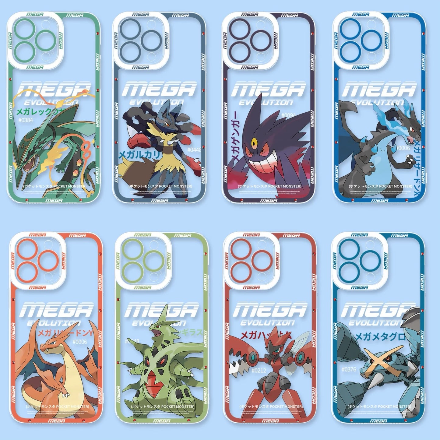 Japan Cartoon Pokemon Mega Evolution | Rayquaza Lucario Gengar Charizard X Y Tyranitar Scizor Metagross - iPhone Case PLUS SE2 XS XR X 11 12 13 14 15 16 16e 17 17e Pro Promax 12mini 13mini