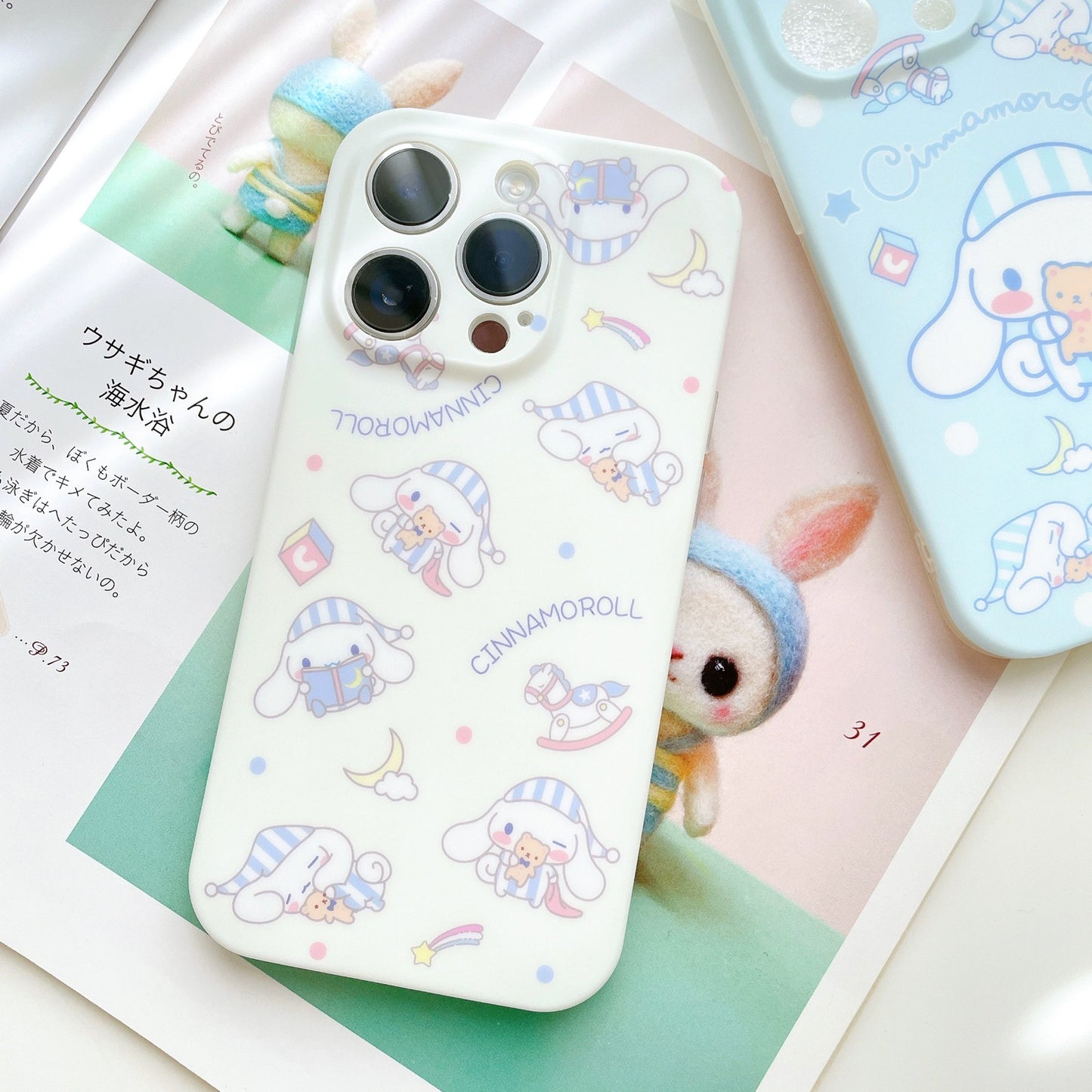 Japanese Cartoon Cinnamoroll Pajamas Matt White Blue iPhone Case 12 13 14 15 Pro Promax