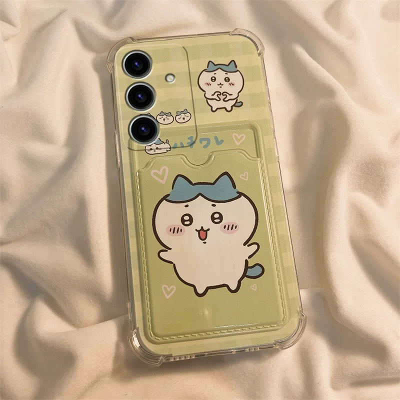 Japanese Cartoon Chiikawa | ChiiKawa Hachiware Usagi with Card Holder & Handle Strap - Phone Case Samsung Galaxy S25 S24 S23 S22 S21 FE Ultra Edge