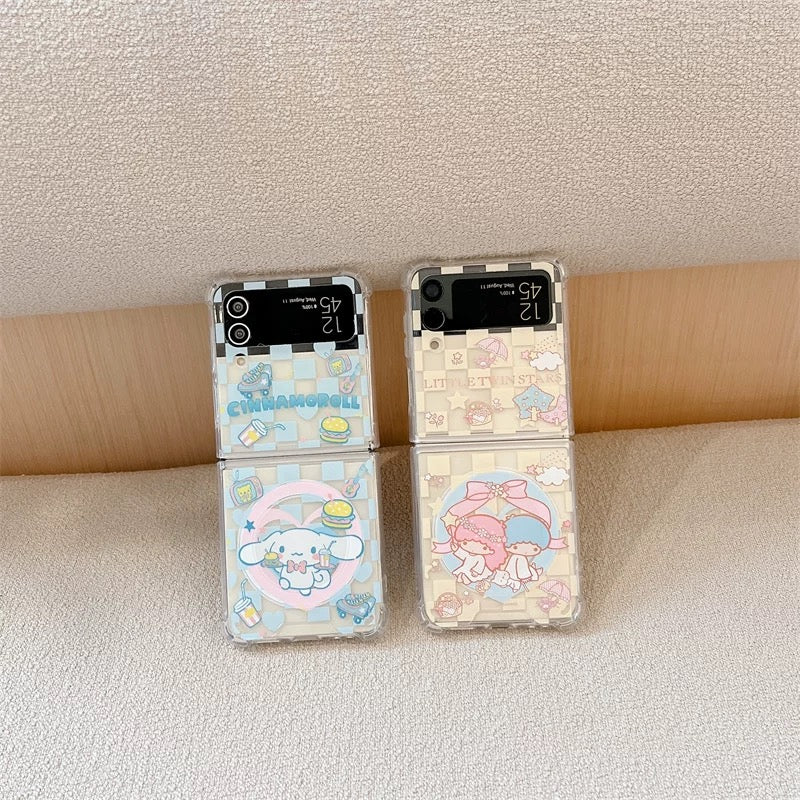 Cute Cartoon Case with Phone Stand | Checkered Yellow LittleTwinStars Blue Cinnamoroll - Phone Case Samsung Galaxy Z Flip 3 4 5 6 W24 W23