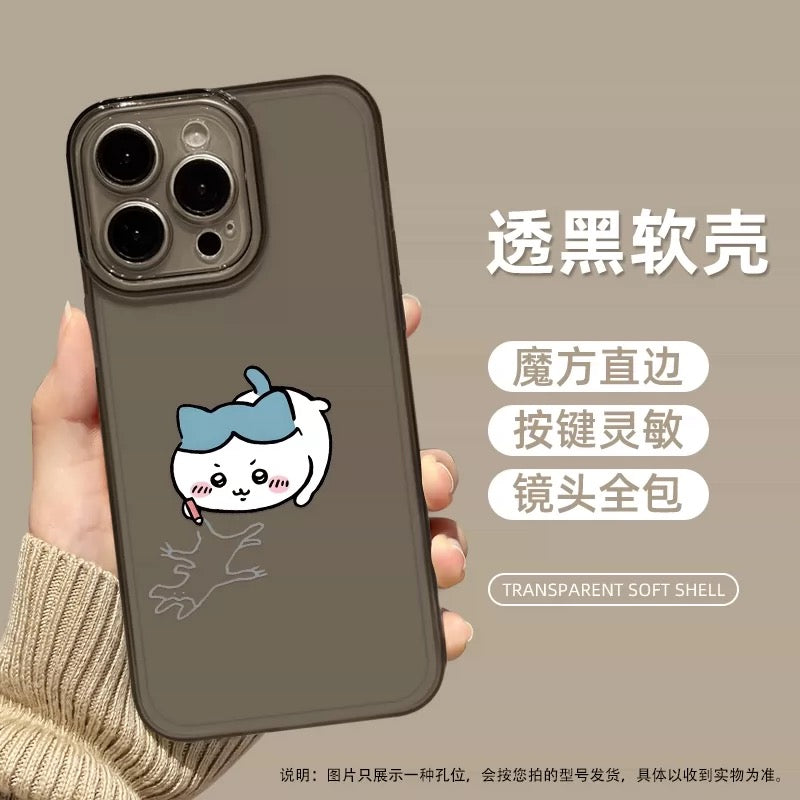 Japanese Cartoon ChiiKawa Black Clear Case | Chiikawa Hachiware Usagi Drawing on Floor - iPhone Case PLUS SE2 XS XR X 11 12 13 14 15 16 16e 17 17e Pro Promax 12mini 13mini