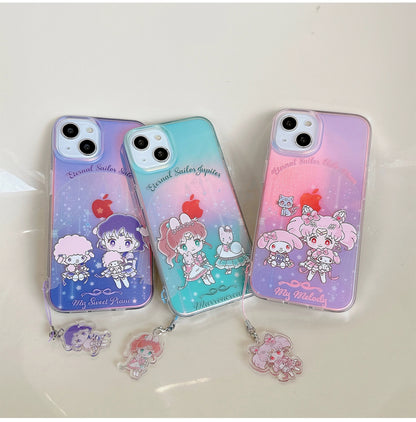 Japanese Cartoon iPhone Case with Strap | Laser Sailor Girl X My Melody Piano Marron Cream - iPhone Case Phone Case 7 8 PLUS SE2 XS XR X 11 12 13 14 15 Pro Promax 12mini 13mini