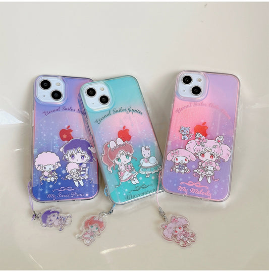 Japanese Cartoon iPhone Case with Strap | Laser Sailor Girl X My Melody Piano Marron Cream - iPhone Case Phone Case 7 8 PLUS SE2 XS XR X 11 12 13 14 15 Pro Promax 12mini 13mini