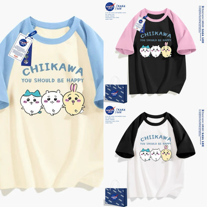 Japanese Cartoon ChiiKawa Casual Style T-Shirt Series | Chiikawa Hachiware Usagi You Should Be Happy 2 - Kawaii Fashion Items