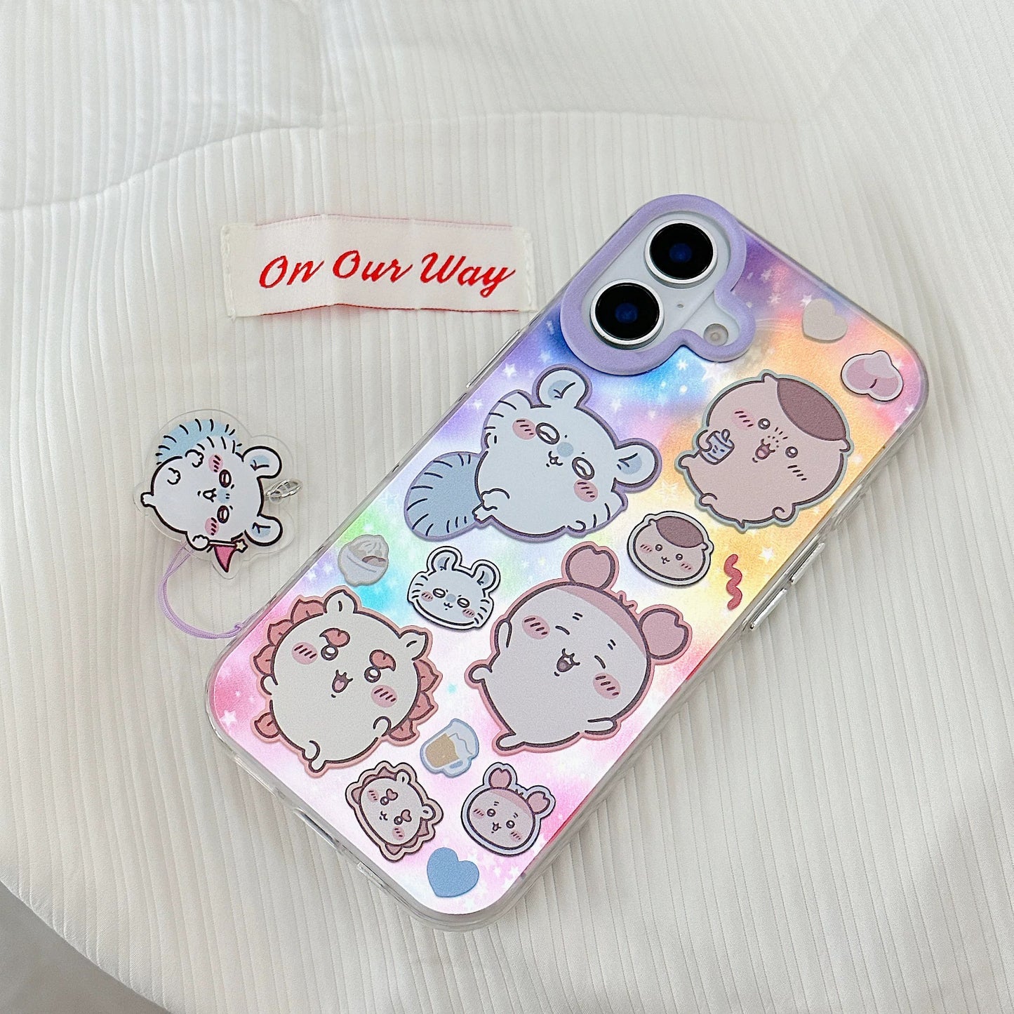 Japanese Cartoon ChiiKawa Laser Phone Case with Strap | Rainbow Galaxy with ChiiKawa Hachiware Usagi Momonga Rakko Kurimanju Shisa Furuhonya - iPhone Case PLUS SE2 11 12 13 14 15 16 16e 17 17e Pro Promax 12mini 13mini