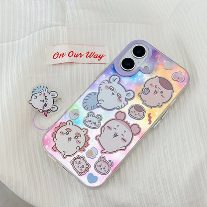 Japanese Cartoon ChiiKawa Laser Phone Case with Strap | Rainbow Galaxy with ChiiKawa Hachiware Usagi Momonga Rakko Kurimanju Shisa Furuhonya - iPhone Case PLUS SE2 11 12 13 14 15 16 16e 17 17e Pro Promax 12mini 13mini
