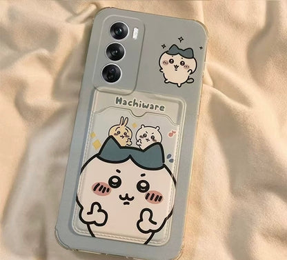 Japanese Cartoon Chiikawa | ChiiKawa Hachiware Usagi Happy Good with Card Holder & Handle Strap - Phone Case Samsung Galaxy S25 S24 S23 S22 S21 FE Ultra Edge
