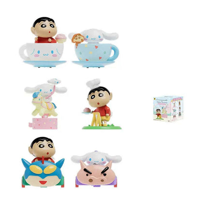 All six TOPTOY Cinnamoroll x Crayon Shin-chan Wonderland Series designs with their blind boxes and the sealed case