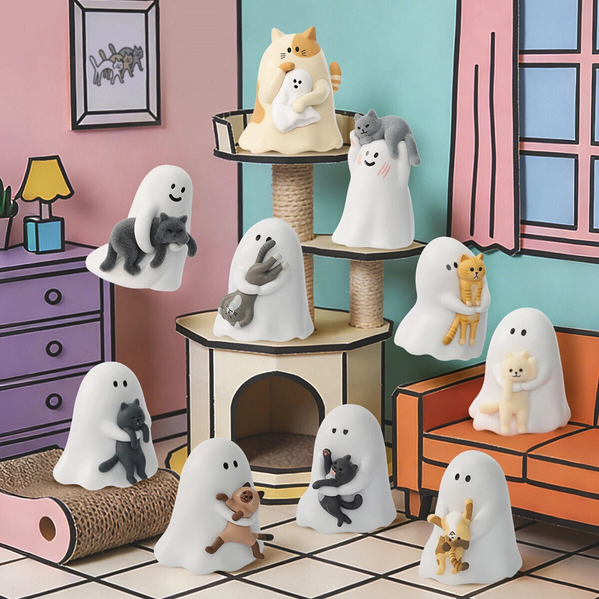 GHODY Behold My Cat figures displayed on a cat tree in a cartoon living room, 52TOYS mini blind box series