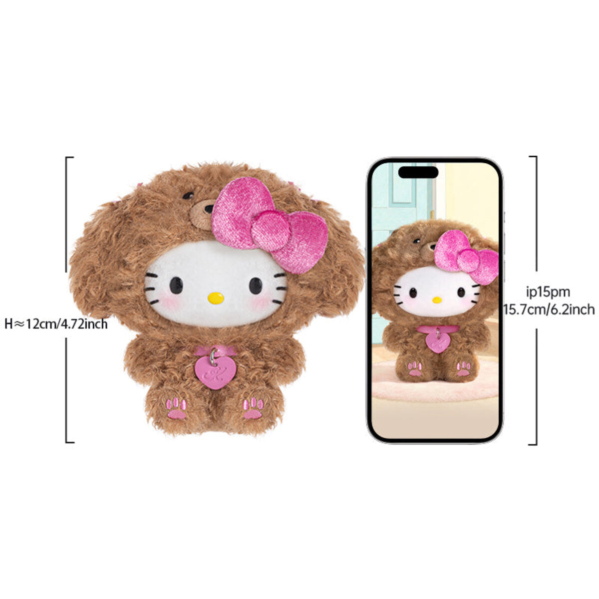 Hello Kitty Puppy Party Series plush pendant size compared with a phone - approx. 12 cm tall