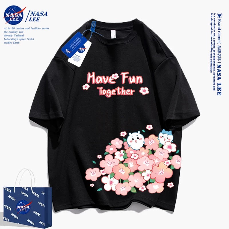 Japanese Cartoon ChiiKawa Casual Style T-Shirt Series | Chiikawa Hachiware Have Fun with Flower 2 - Kawaii Fashion Items