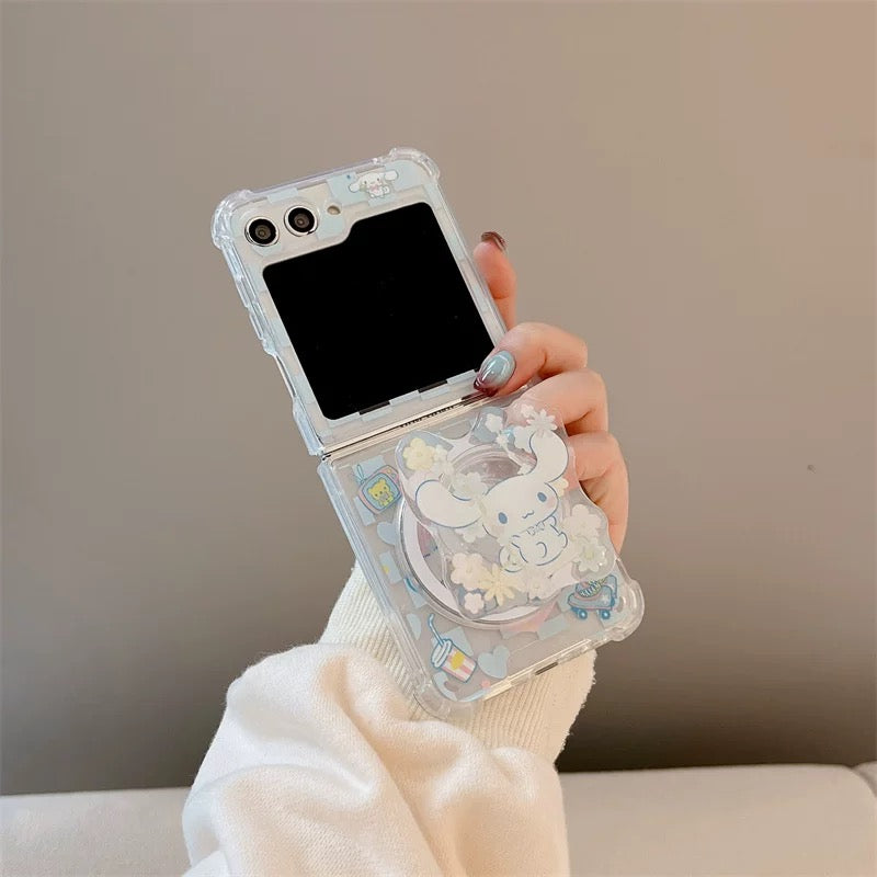 Cute Cartoon Case with Phone Stand | Checkered Yellow LittleTwinStars Blue Cinnamoroll - Phone Case Samsung Galaxy Z Flip 3 4 5 6 W24 W23