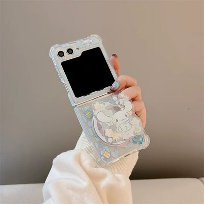 Cute Cartoon Case with Phone Stand | Checkered Yellow LittleTwinStars Blue Cinnamoroll - Phone Case Samsung Galaxy Z Flip 3 4 5 6 W24 W23