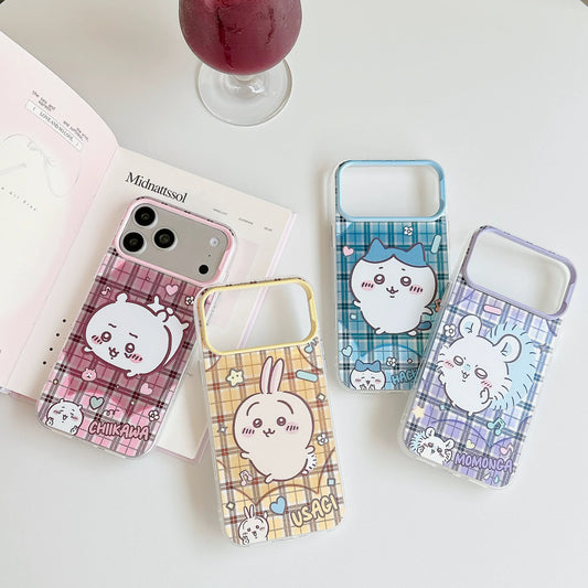 Japanese Cartoon ChiiKawa Laser Phone Case with Strap | Retro Plaid ChiiKawa Hachiware Usagi Momonga - iPhone Case PLUS SE2 11 12 13 14 15 16 16e 17 17e Pro Promax 12mini 13mini
