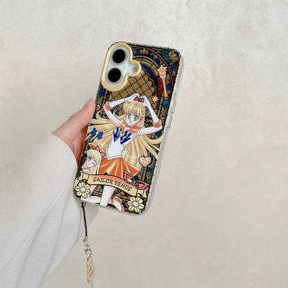 Japanese Cartoon Sailor Moon Phone Case with Strap Comic Version | Laser Glass Window Sailor Moon Mercury Mars Jupiter Venus - Phone Case Samsung Galaxy S26 S25 S24 S23 S22 S21 FE Ultra Edge