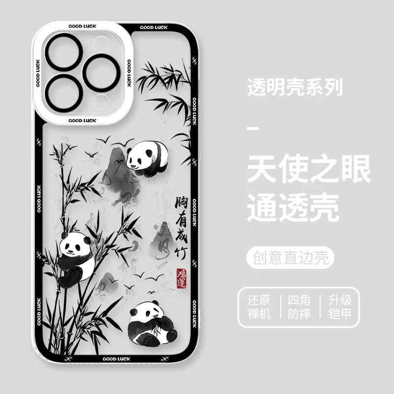 Cute Animal Panda | Chinese Ink Painting Black Version - iPhone Case PLUS SE2 XS XR X 11 12 13 14 15 16 16e 17 17e Pro Promax 12mini 13mini