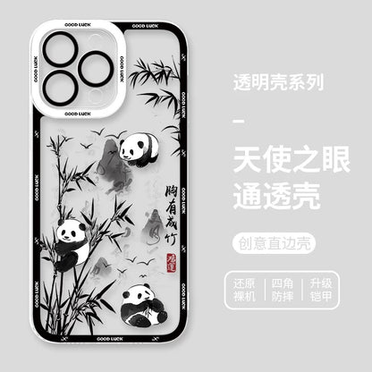 Cute Animal Panda | Chinese Ink Painting Black Version - iPhone Case PLUS SE2 XS XR X 11 12 13 14 15 16 16e 17 17e Pro Promax 12mini 13mini