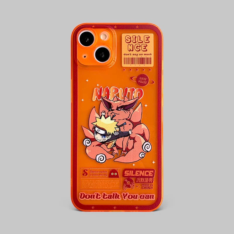 Japanese Anime Naruto Ninja | Fluorescent Orange Clear Case Naruto with Kurama Nine Tails - iPhone Case 7 8 PLUS XS XR X 11 12 13 14 15 16 Pro Promax SE3 SE2 mini